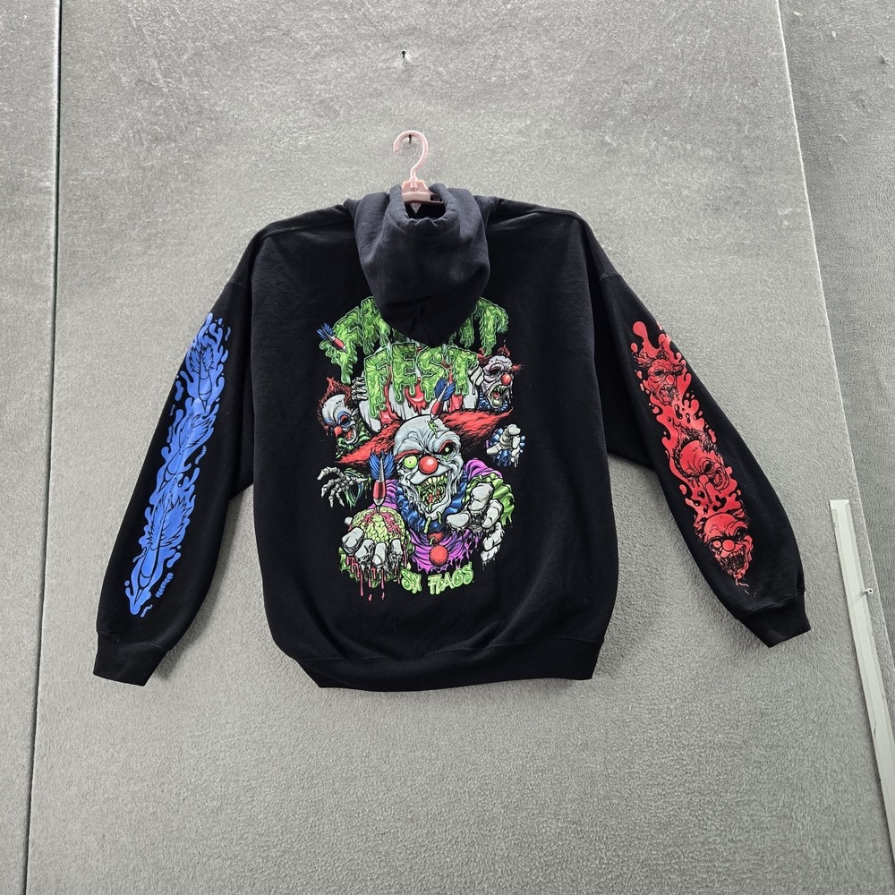 Six Flags Men Hoodie 2XL Black Graphic Fleece Fright Fest Clowns Y2K